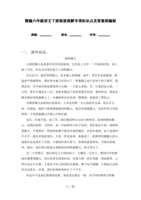 精编六年级语文下册阅读理解专项知识点及答案部编版