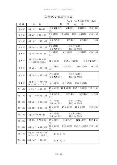 2014-2015学年度第二学期语文教学进度表