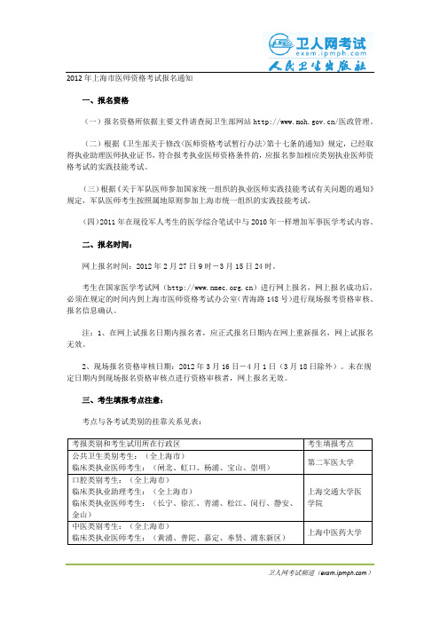 2012年上海市医师资格考试报名通知