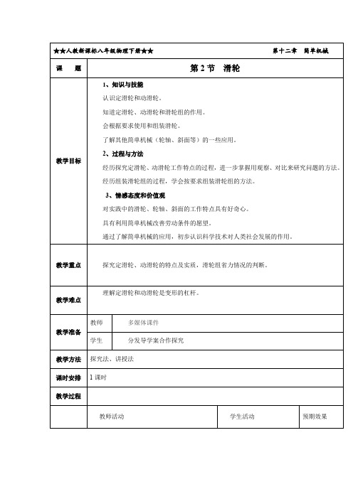 新人教版八年级下册物理：12.2 滑轮(教学设计)