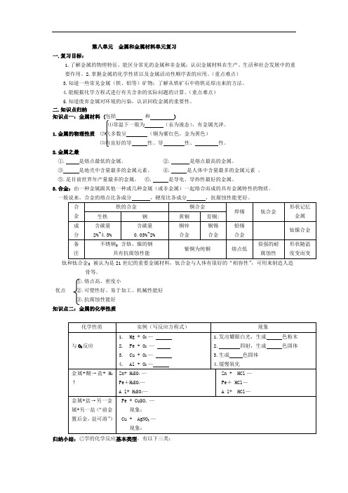 人教版化学九年级下册第八单元金属和金属材料单元复习导学案设计