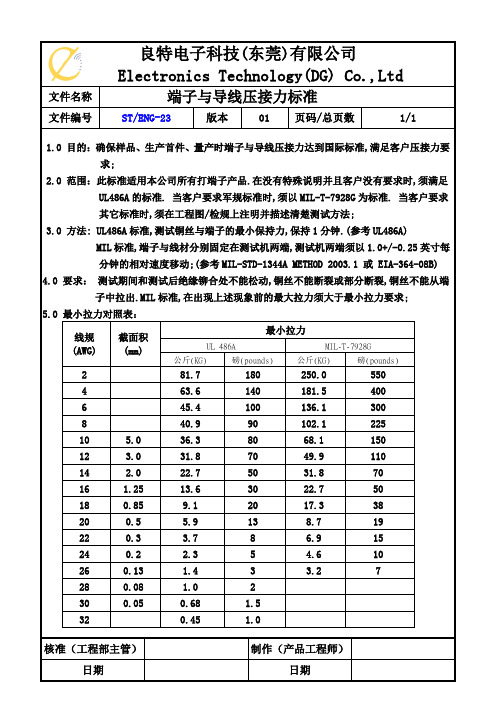 端子与导线压接力标准