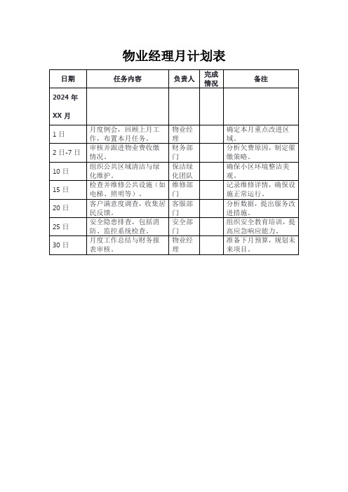 物业经理月计划表