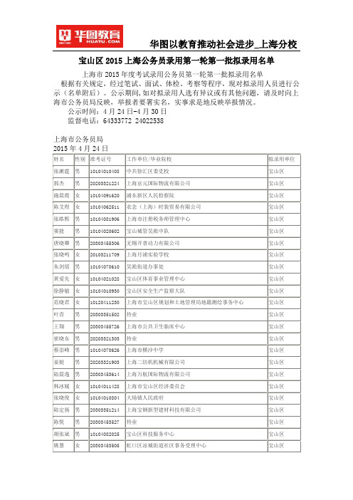 宝山区2015上海公务员录用第一轮第一批拟录用名单