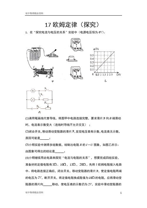 2020年秋人教版九年级物理期末综合复习——17欧姆定律(探究)