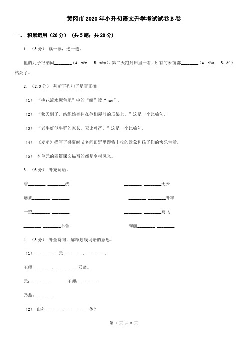 黄冈市2020年小升初语文升学考试试卷B卷