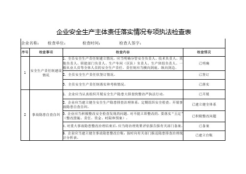 企业安全生产主体责任落实情况专项执法检查表