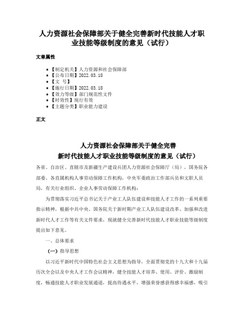 人力资源社会保障部关于健全完善新时代技能人才职业技能等级制度的意见（试行）