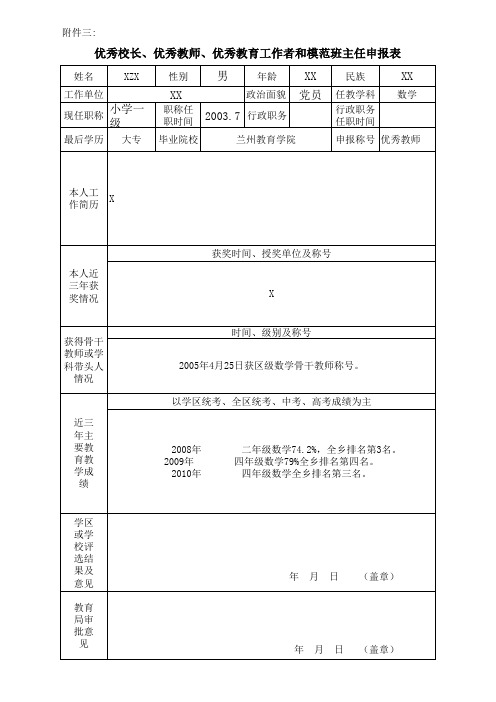 优秀校长、优秀教师、优秀教育工作者和模范班主任申报表