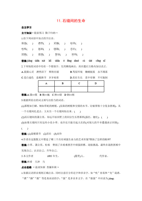 九年级语文上册 11 石缝间的生命课前预习训练 北京课改版(含答案)