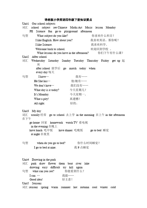 译林版小学英语四年级下册知识要点