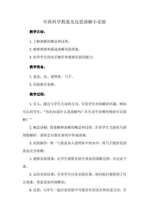 中班科学教案及反思溶解小实验