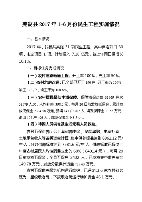 芜湖县2017年1-6月份民生工程实施情况