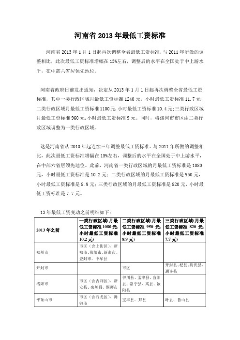 河南省2013年最低工资标准