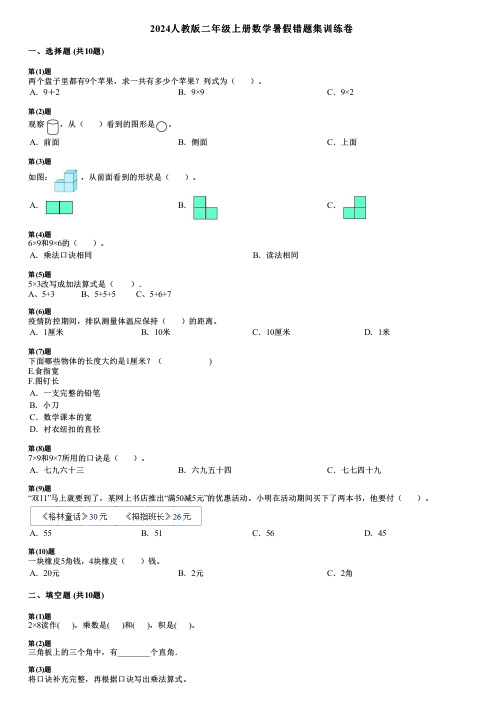 2024人教版二年级上册数学暑假错题集训练卷