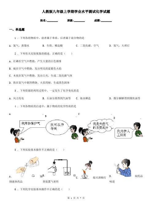 人教版九年级上学期学业水平测试化学试题