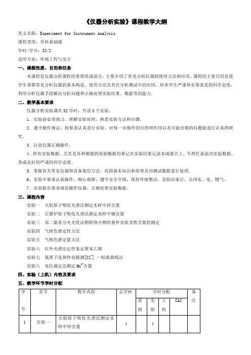 仪器分析实验课程教学大纲