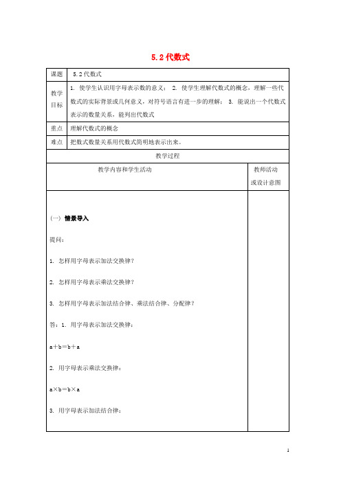 最新学年七年级数学上册 第五章 代数式与函数的初步认识 5.2 代数式教案 (新版)青岛版(考试必备)