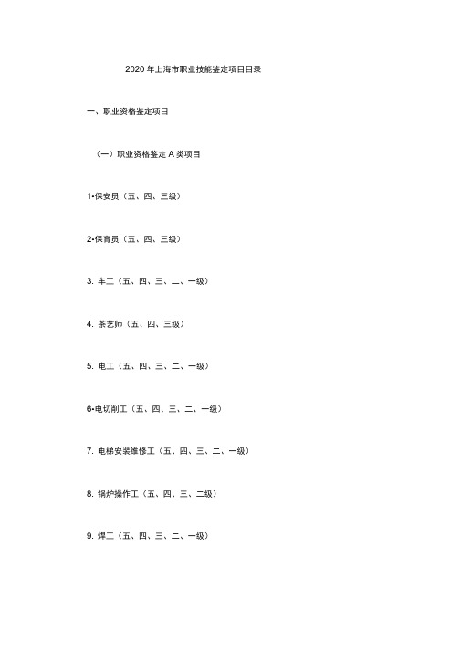 2020年上海市职业技能鉴定项目目