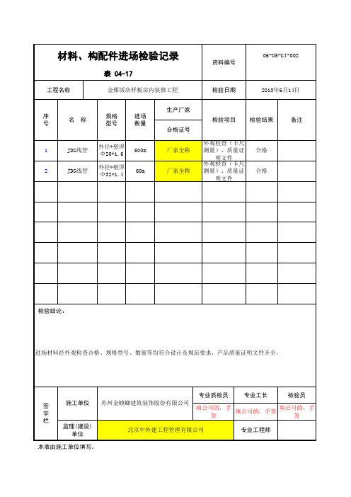 表C4-17 材料、构配件进场检验记录