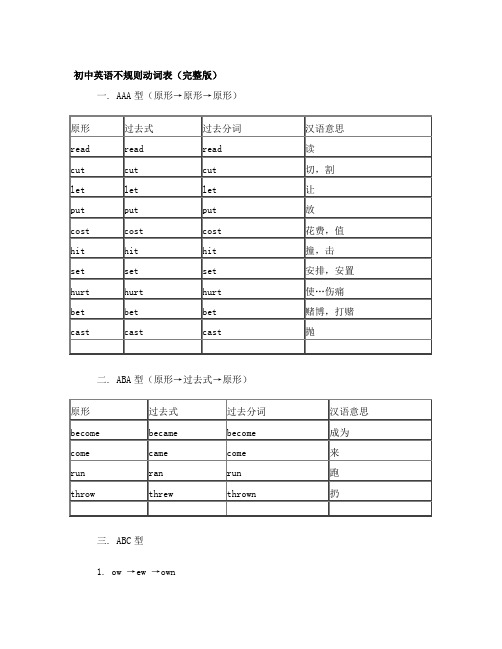 初中英语不规则动词表(完整版)