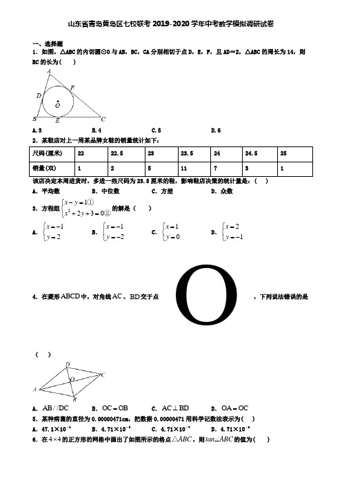 山东省青岛黄岛区七校联考2019-2020学年中考数学模拟调研试卷