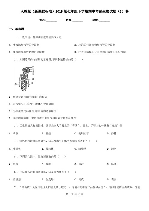 人教版(新课程标准)2019版七年级下学期期中考试生物试题(I)卷