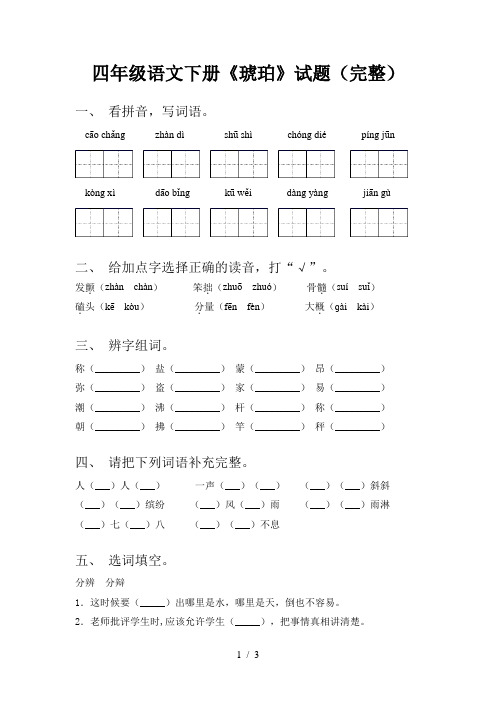 四年级语文下册《琥珀》试题(完整)