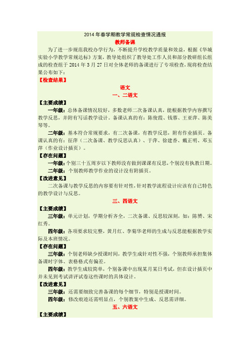 2014年春学期教学常规检查情况通报