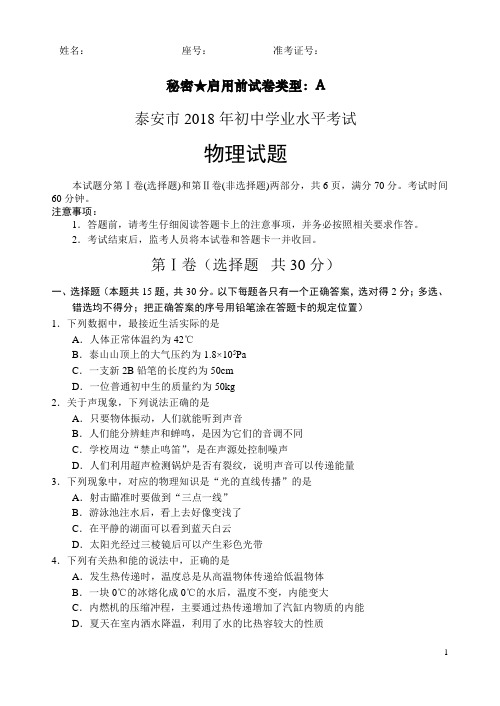 2018年山东泰安中考物理试题及其答案