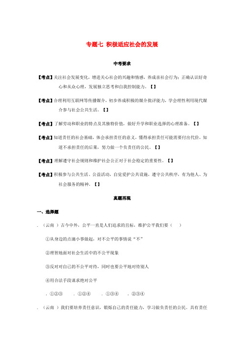 云南省2019年中考道德与法治专题复习七积极适应社会的发展真题+练习无答案