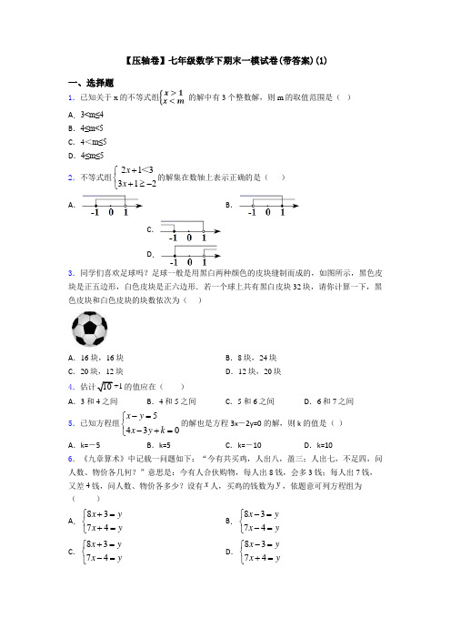 【压轴卷】七年级数学下期末一模试卷(带答案)(1)