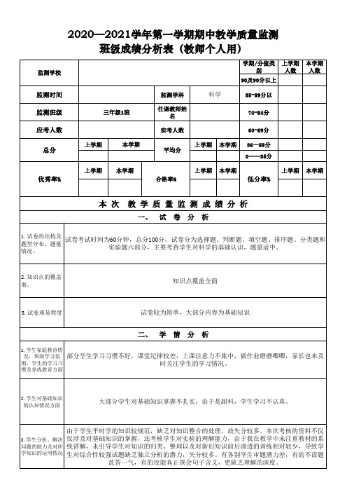 2020—2021学年第二学期三年级科学期末质量监测班级和年级成绩分析表