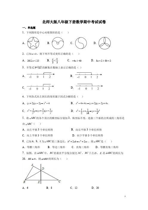 北师大版八年级下册数学期中考试试题含答案