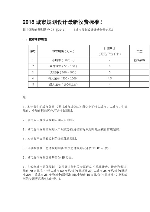 2018城市规划设计收费标准收费标准