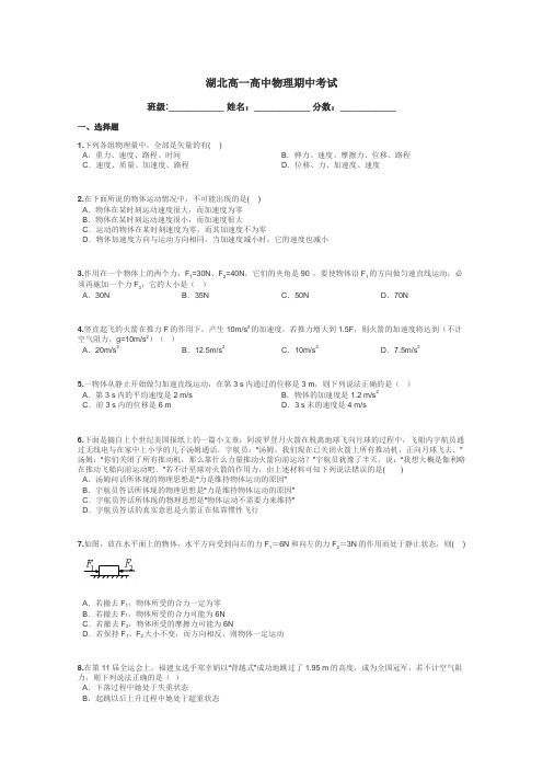 湖北高一高中物理期中考试带答案解析
