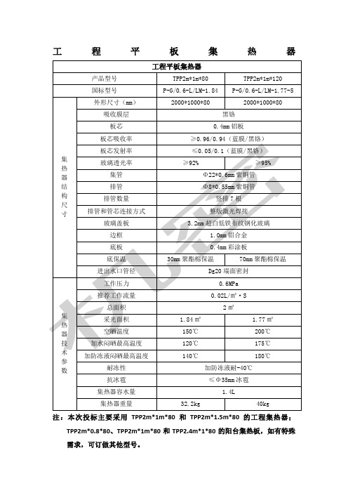 工程平板集热器技术参数