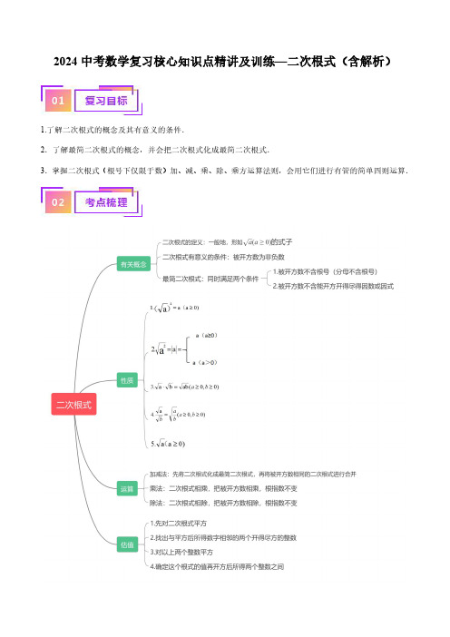 2024中考数学复习核心知识点精讲及训练—二次根式(含解析)