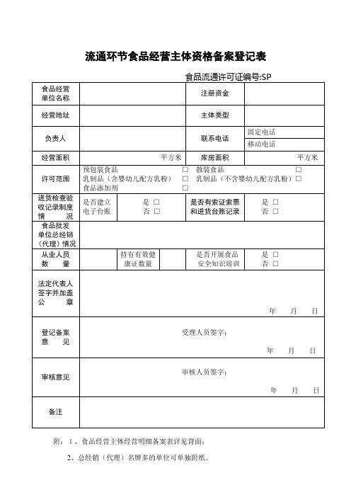 流通环节食品经营主体资格备案登记表