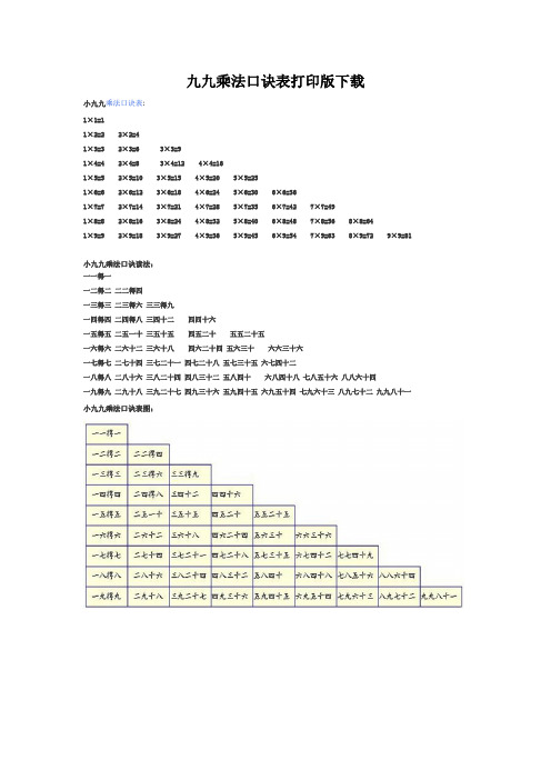 九九乘法口诀表打印版