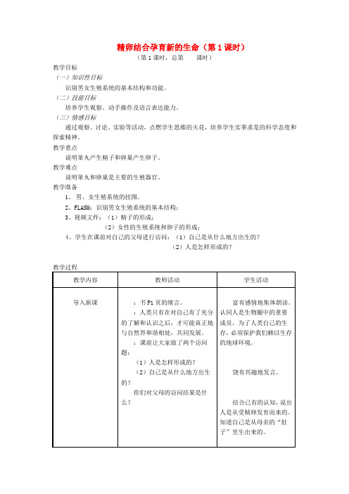 苏教版-生物-七年级下册-8.1精卵结合孕育新的生命(第1课时)教案