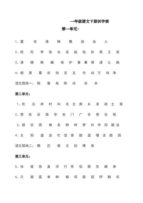 部编版(统编)一年级语文下册识字表