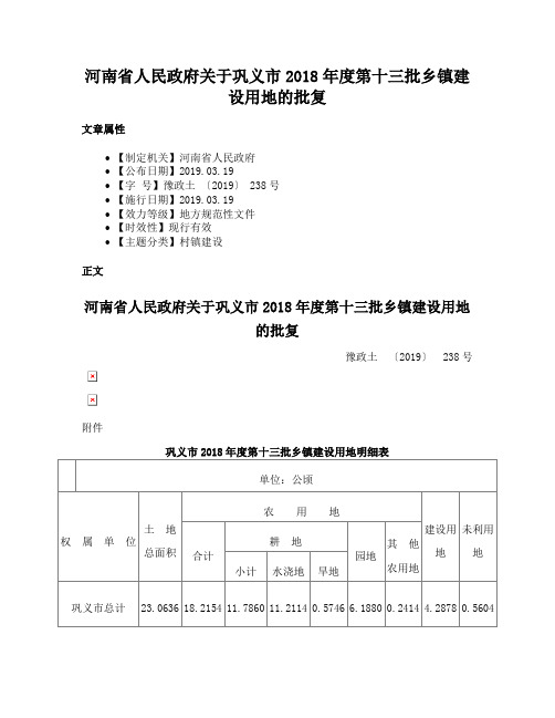 河南省人民政府关于巩义市2018年度第十三批乡镇建设用地的批复