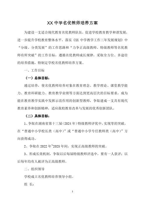 XX中学名优教师培养方案