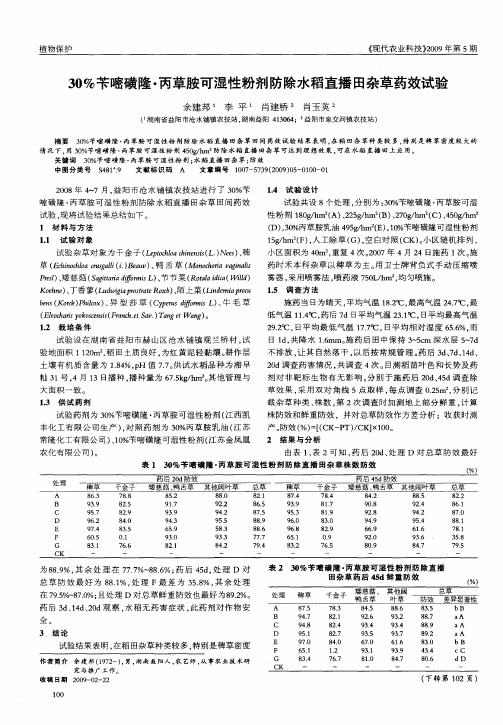 30%苄嘧磺隆·丙草胺可湿性粉剂防除水稻直播田杂草药效试验