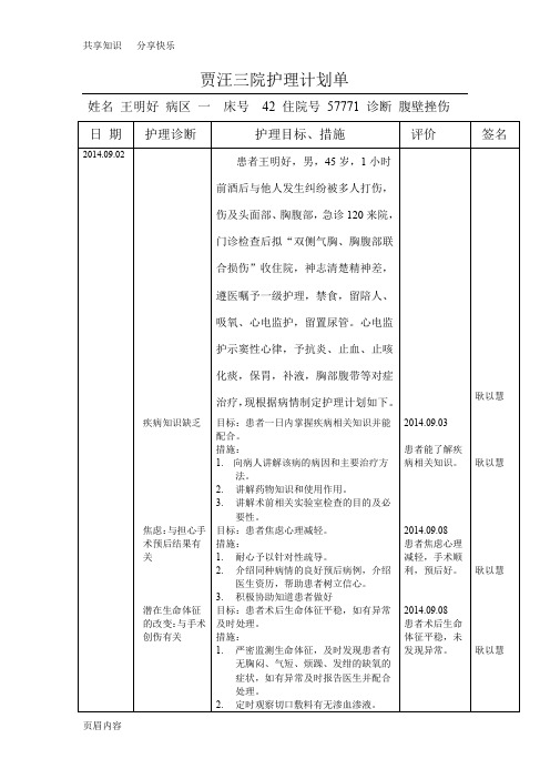 标准护理计划单格式