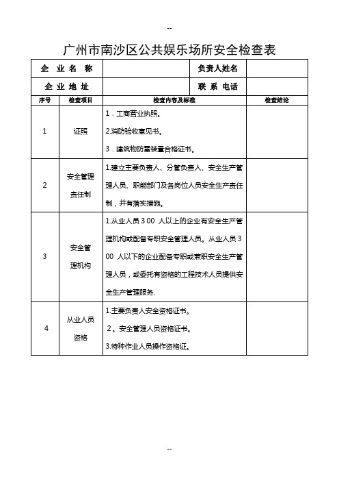 公共娱乐场所安全检查表