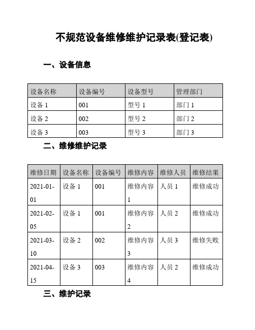 不规范设备维修维护记录表(登记表)