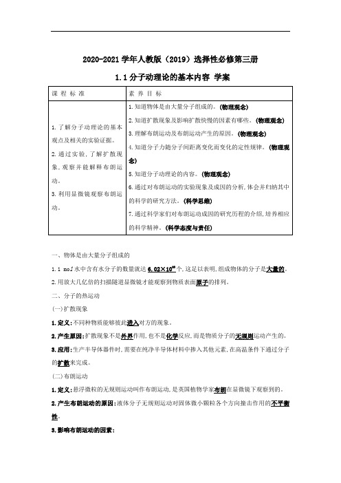 人教版选择性必修第三册 1.1分子动理论的基本内容 学案