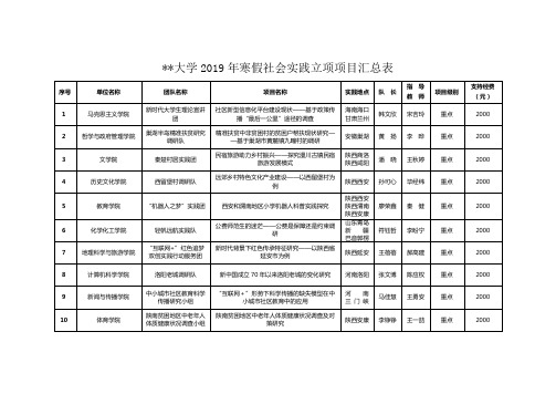 XX大学2019年寒假社会实践立项项目汇总表【模板】